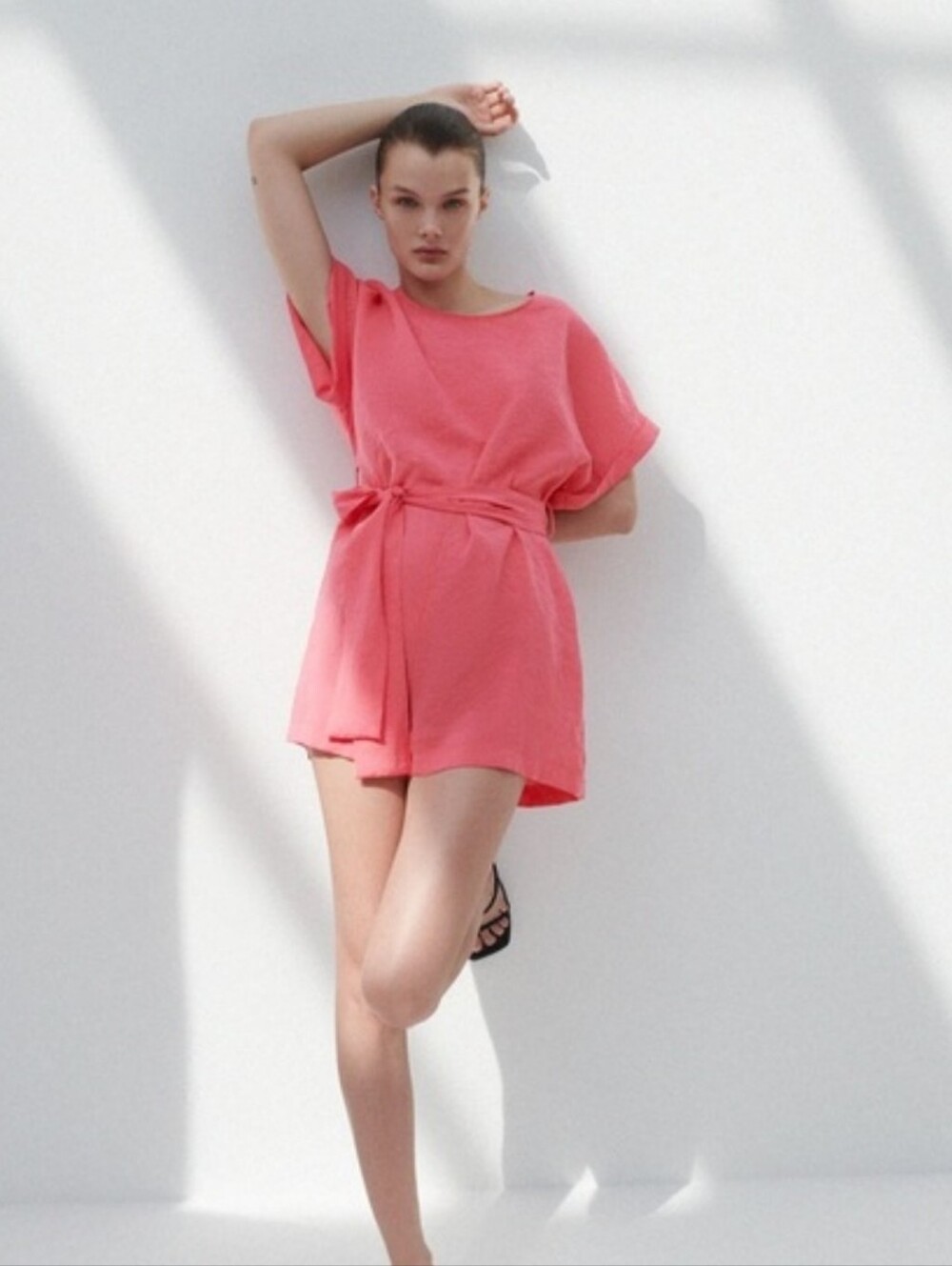 Zara Belted Short Jumpsuit Romper Pink Dolman Sleeves Keyhole Back Women Size XL